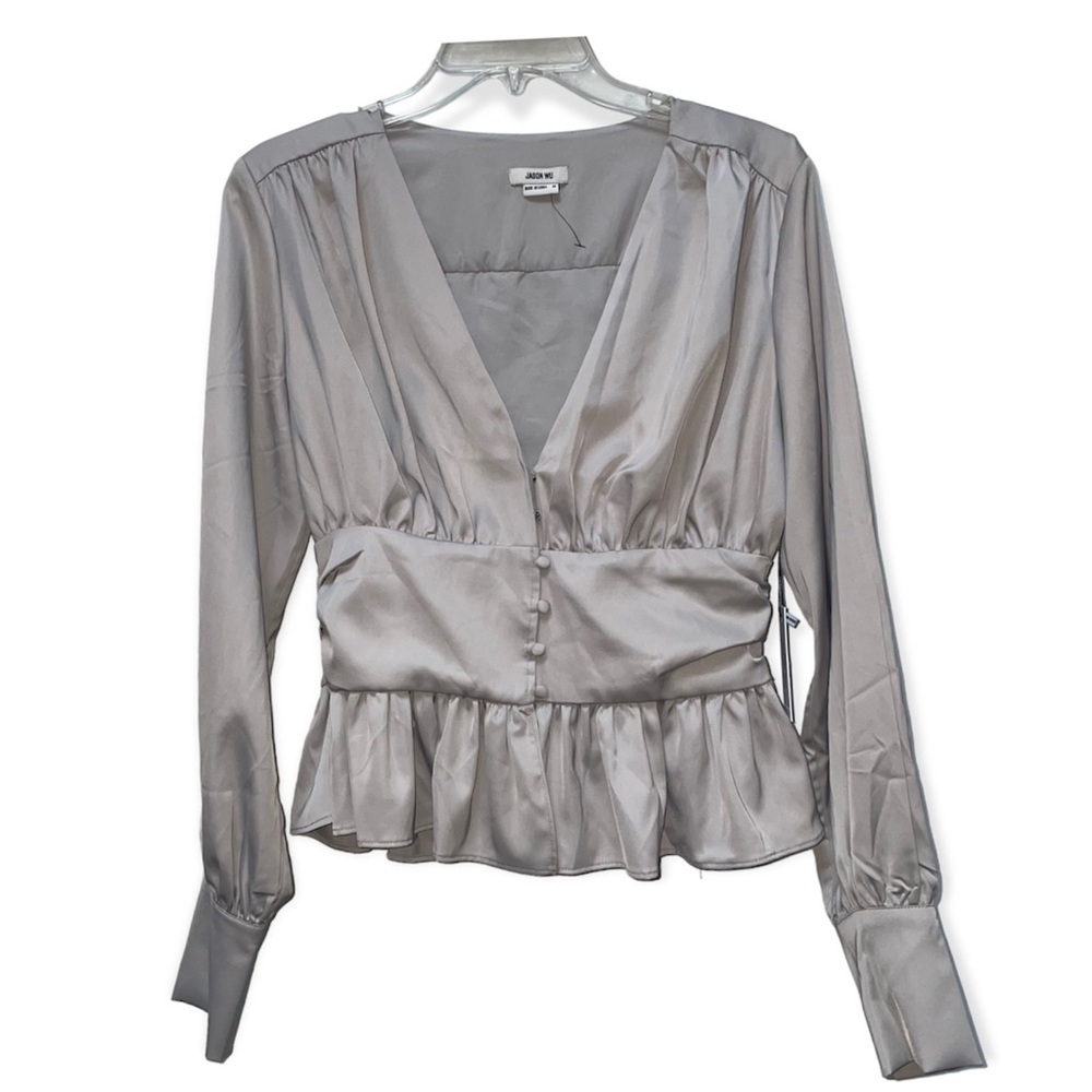 Jason Wu Satin Peplum Blouse M NWT | Puff Sleeve | Champagne Taupe Top Medium - Picture 2 of 9